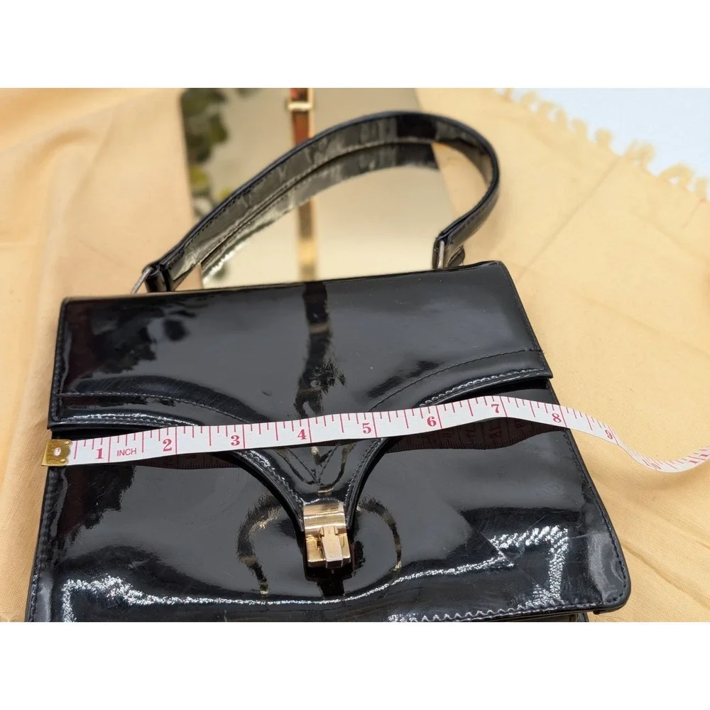 Vintage Black Patent Leather Accordion Bag • Structured Top Handle V-Flap Purse